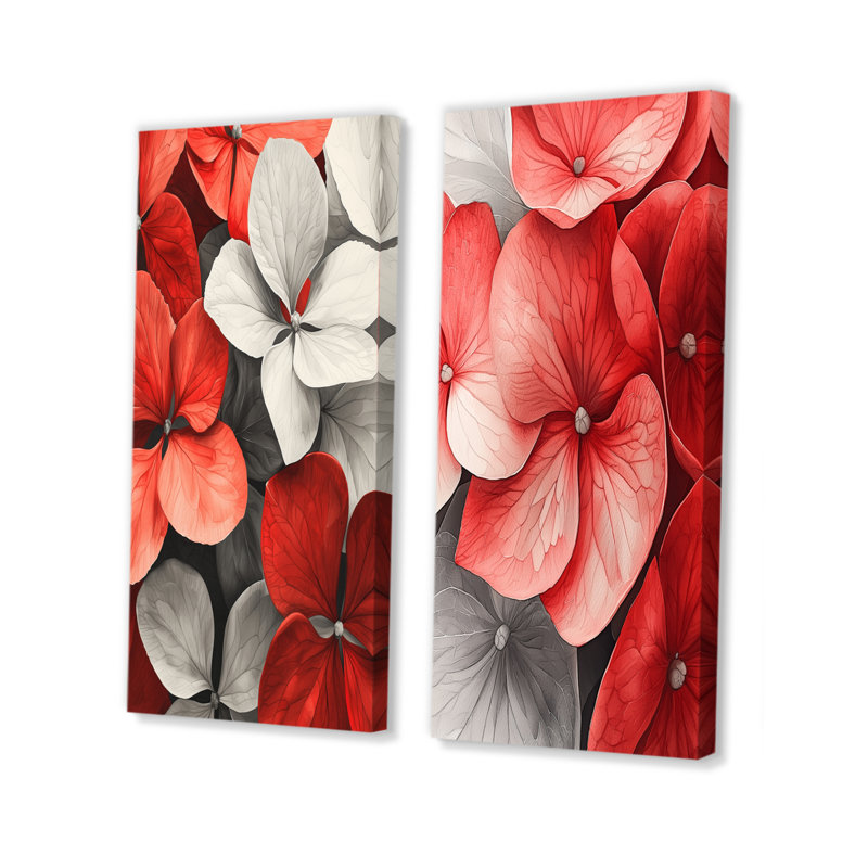 Monogramme de l'hortensia rouge et pétales décoratifs I - Collection de 2 panneaux muraux floraux, H 28 po x l 25 po