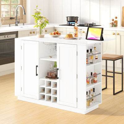 Îlot de cuisine avec abattant, prise de courant, support à vin, porte-verre, rangement réglable