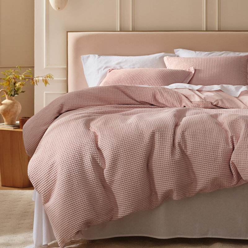 Essential Collection 100% Cotton Waffle Weave Duvet Cover Set, Pink, Queen Duvet Cover + 2 Standard Shams