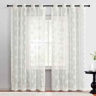 Rideaux en dentelle diaphane ivoire / crème à motif floral rustique - 2 panneaux à œillets, intimité de fenêtre rétro