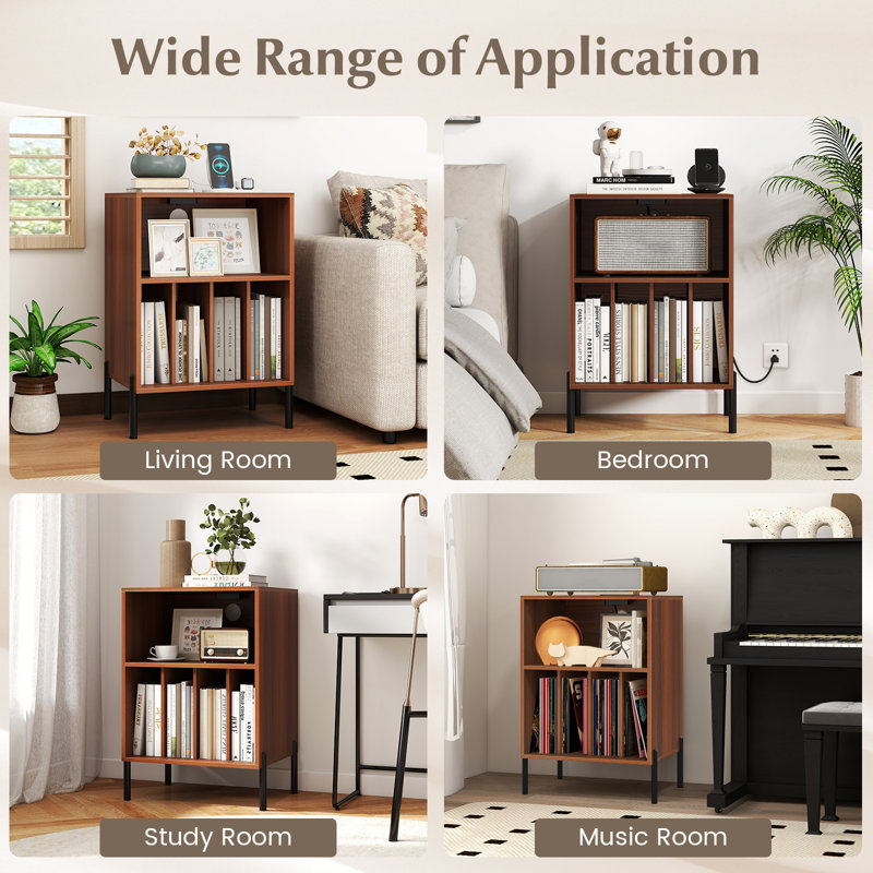 Support pour tourne-disque avec station de charge 5 compartiments de rangement anti-basculement, Noyer