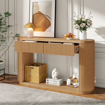Console ovale cannelée avec 2 tiroirs et tablette inférieure, table d'entrée en bois avec glissières en métal lisse pour le salon, entrée (naturel)