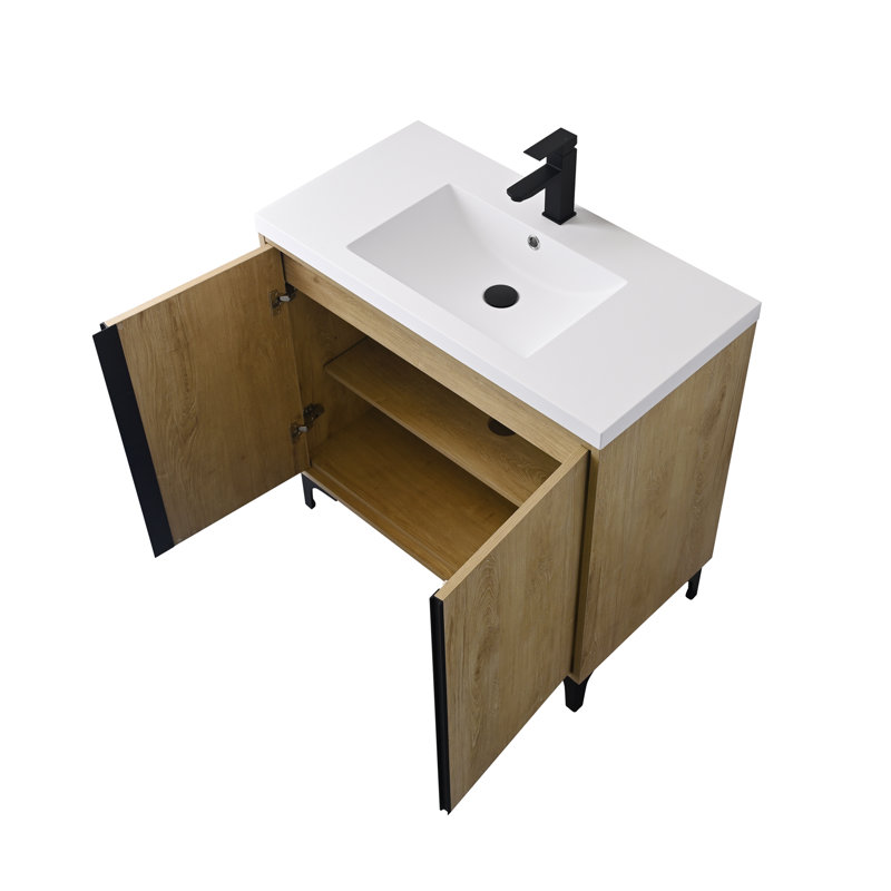 Meuble-lavabo simple 36 po au fini chêne naturel avec lavabo en résine blanc à surface solide, 36"