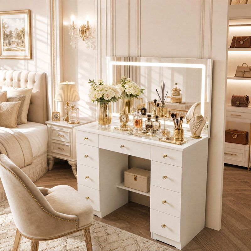 Modern Makeup Vanity With Lighted Mirror And Strong Storage, White