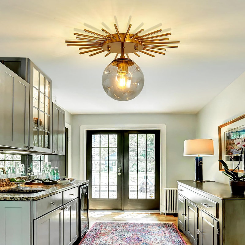 Gold Sunburst Semi Flush Mount Ceiling Light Fixture With Glass Globe 1-Light Small Chandelier Farmhouse Ceiling Lamp For Hallway Stairwell Foyer Office Entryway