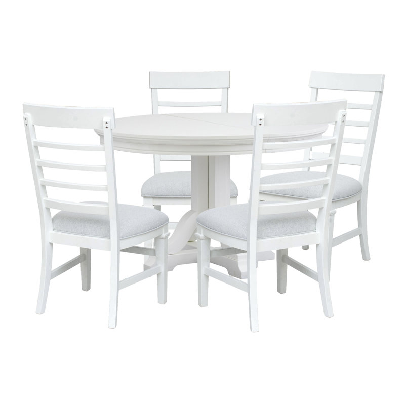 White Extendable 48" Round Dining Table With 4 Side Chairs, 5 Pieces: Table, 4 Chairs, White