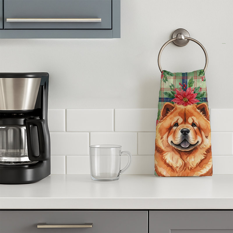 Red Chow Chow Christmas PoinsettIas Kitchen Towel, Red Chow Chow