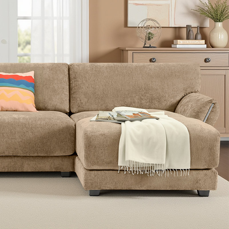Canapé modulaire en L en chenille 4 places avec chargeurs USB / Type-C, accoudoirs et repose-pieds Petal, structure en bois