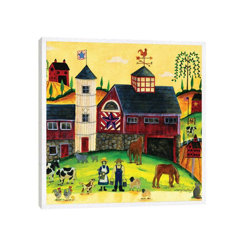 Red Barn Farmyard Folk Art by Cheryl Bartley - Print on Canvas, 93.98 cm H x 93.98 cm W, White Framed