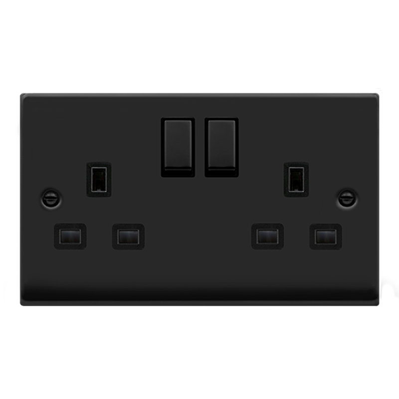 Matt Black 2 Gang 13A DP Ingot Twin Double Switched Plug Socket