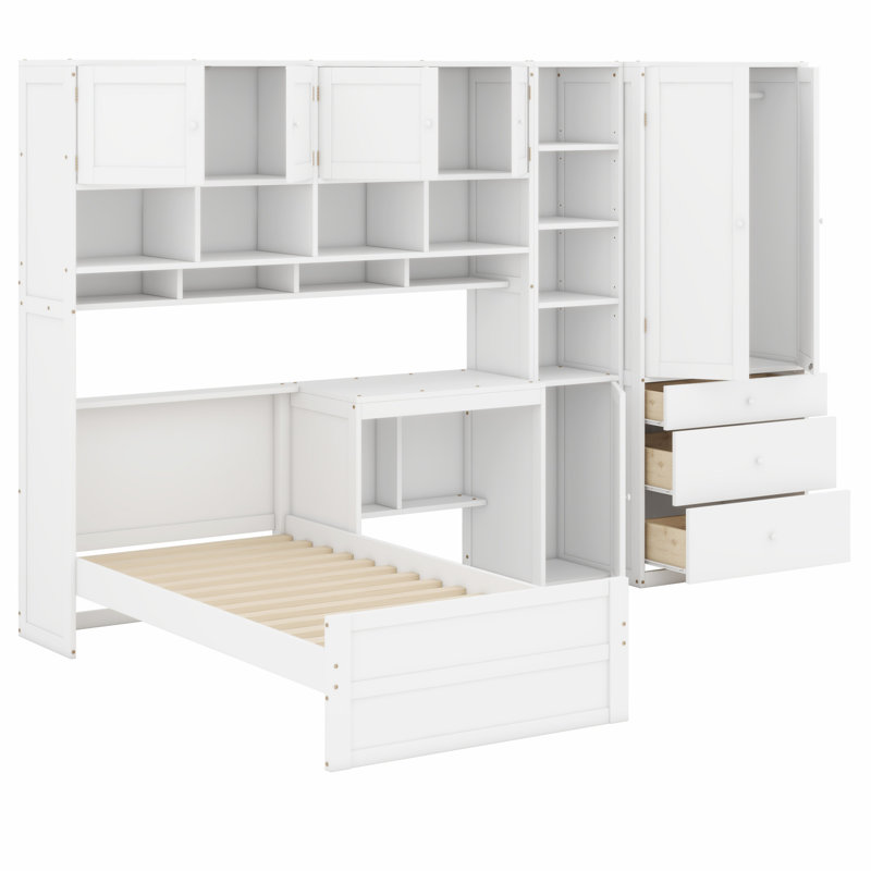 Lit plateforme en bois avec bureau, armoire, armoires, tiroirs et tablettes, Blanc