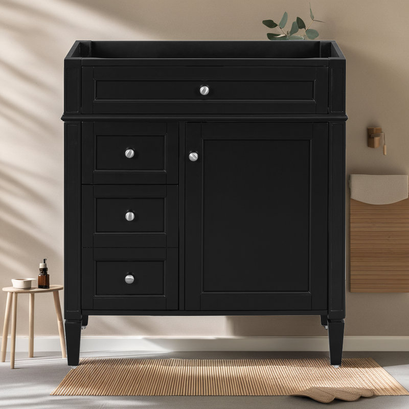 Meuble-lavabo de 30 po avec 3 tiroirs (lavabo et robinet non inclus), Noir, Argent argent