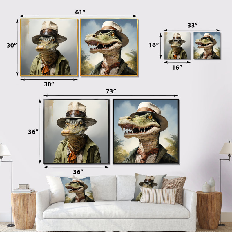 «Alligator campagne en costume I», ensemble de salon mural en alligator / crocodile, Cadre flottant noir
