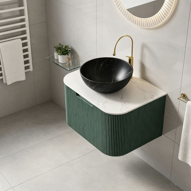 Meuble-lavabo 24 po, armoire de salle de bain en contreplaqué rayé à bords arrondis avec tiroir, vasque en céramique noir mat et plateau en pierre frittée, pré-assemblé