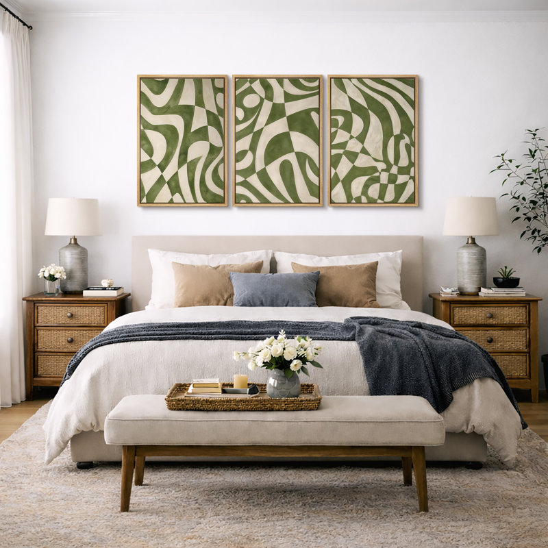 "Green and Cream", reproduction d'art sur toile encadrée, impression sur toile, 3 pièces, H 36 po x l 72 po x P 1,5 po