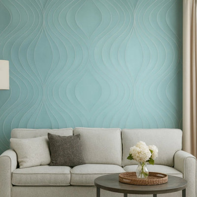Papier peint texturé Ogee Wave Curves Lines bleu sarcelle bleu vert gris argenté