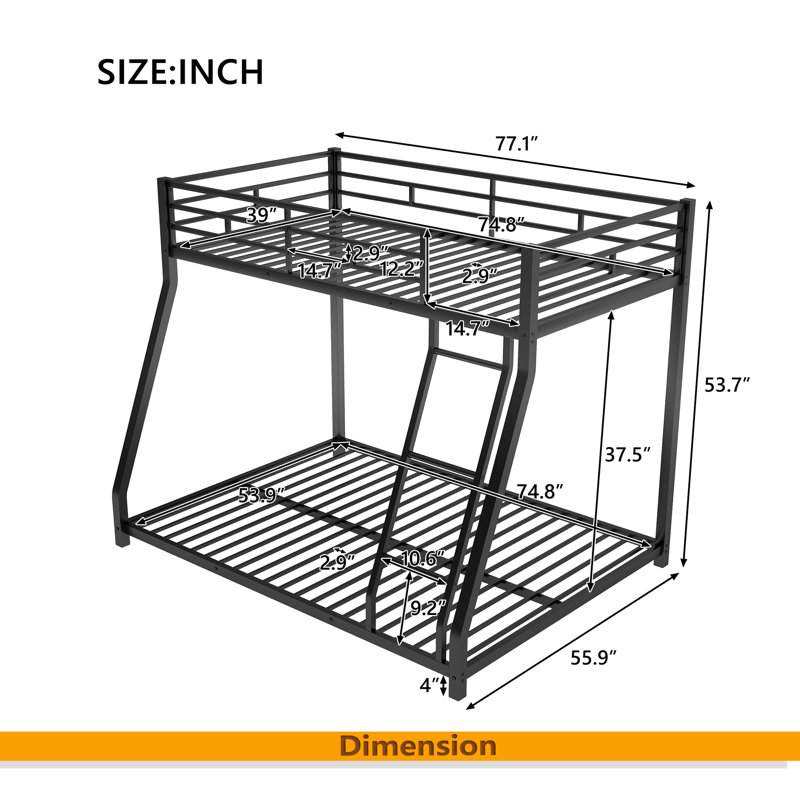Metal Floor Bunk Bed, Twin Over Full, Twin Over Full