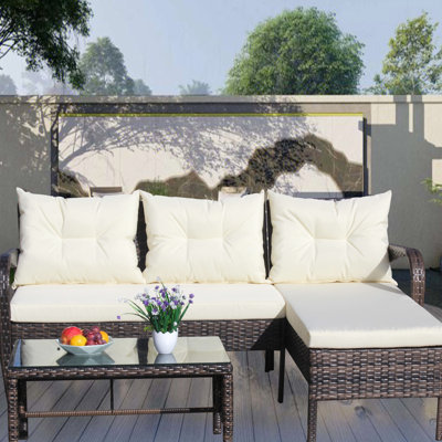 Extérieur 3 Patio Patio: coussins beiges et table basse en verre trempé avec porte-anneau: siège modulaire - 2 places robustes, chaise longue inclinable