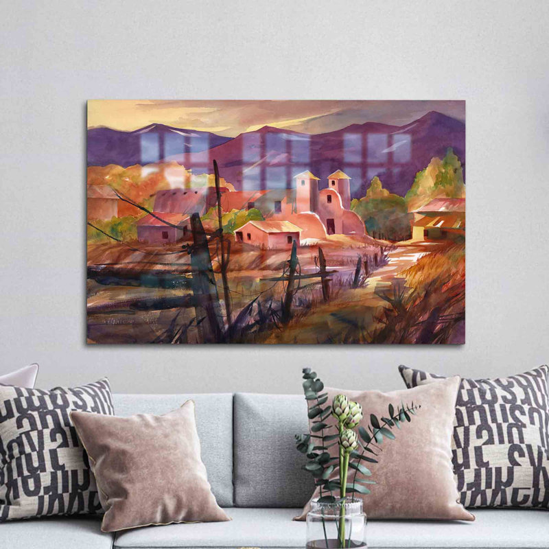 Art mural en verre fabriqué à la main avec un paysage de village mexicain vibrant parfait pour ajouter une touche unique à votre décor