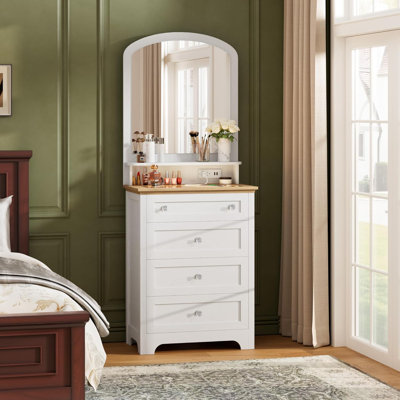 White 4-Drawer Dresser with Mirror & Crystal Knobs