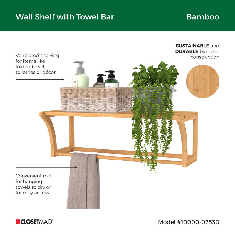 Natural Bamboo Wall Shelf with Towel Bar, 23.6" Wide