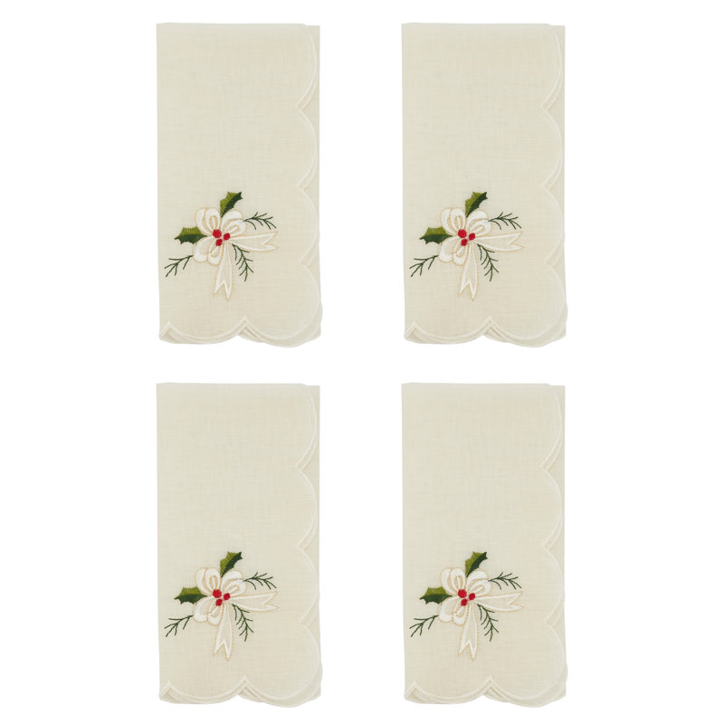 White Embroidered Holly and Ribbon Table Napkins Set