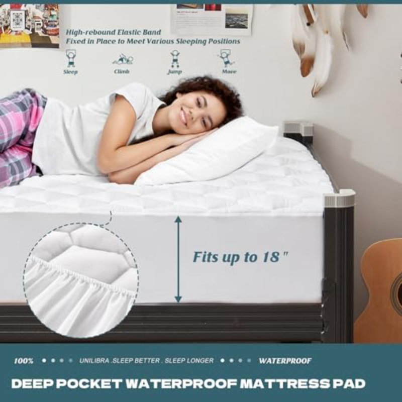 Mattress Protector Waterproof, Deep Pocket Mattress Pad Cover Up To 18 Inches, Quilted Fitted Hollow Cotton Filling Breathable Mattress Topper