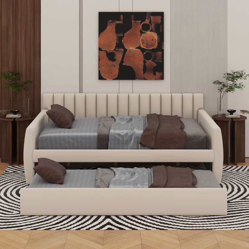Lit de jour double avec lit gigogne, Beige
