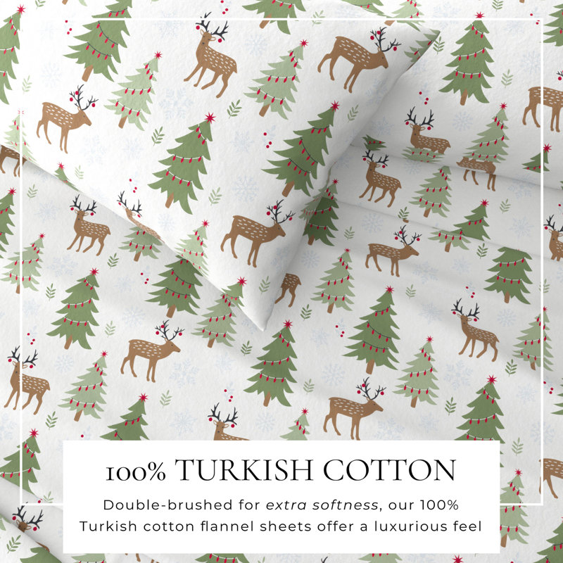 Gray Queen Cotton Flannel Sheet Set with Deer and Trees Print