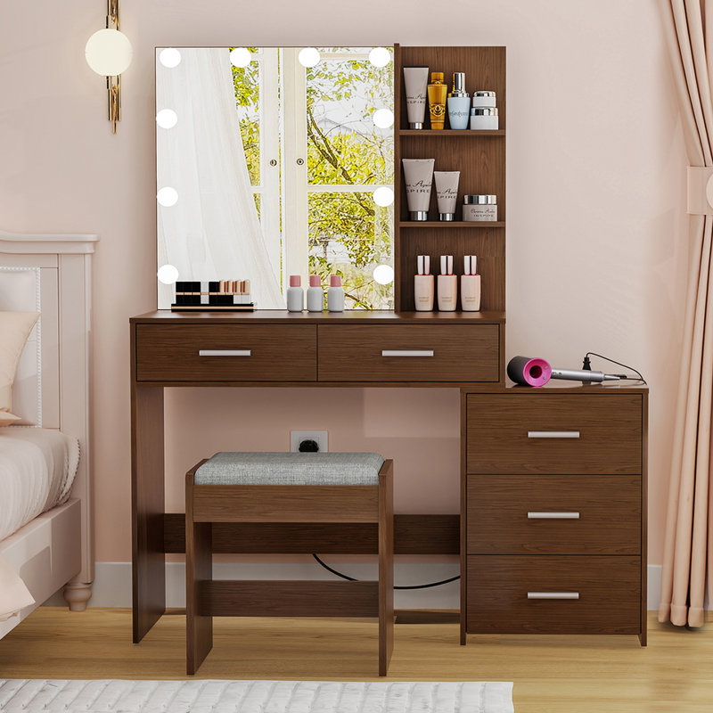 Grand ensemble de coiffeuse avec miroir lumineux et station de recharge, Brun