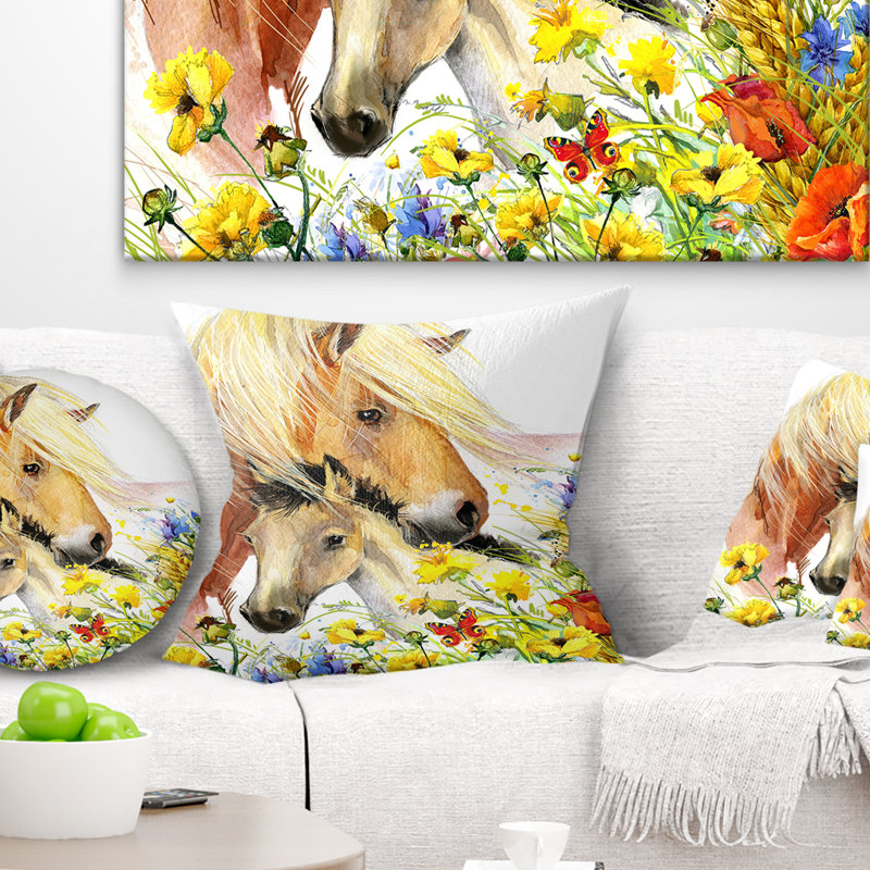 Cheval et poulain avec prairie - Coussin imprimé animal, 16 po x 1 po, Coussin décoratif