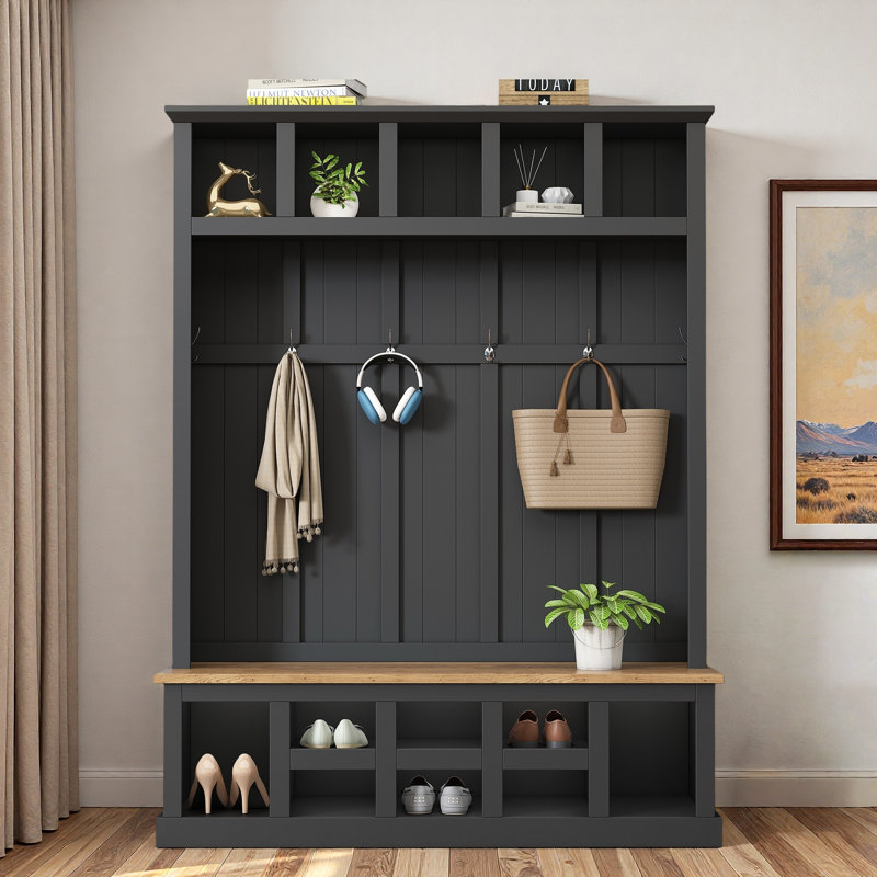 Modern Hall Tree With Seating Bench, 13 Compartments And Coat Rack, Black