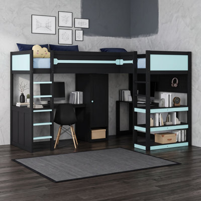 Lit mezzanine de jeu en forme de L avec deux lits simples, éclairage DEL, ports de chargement, armoire et bureaux
