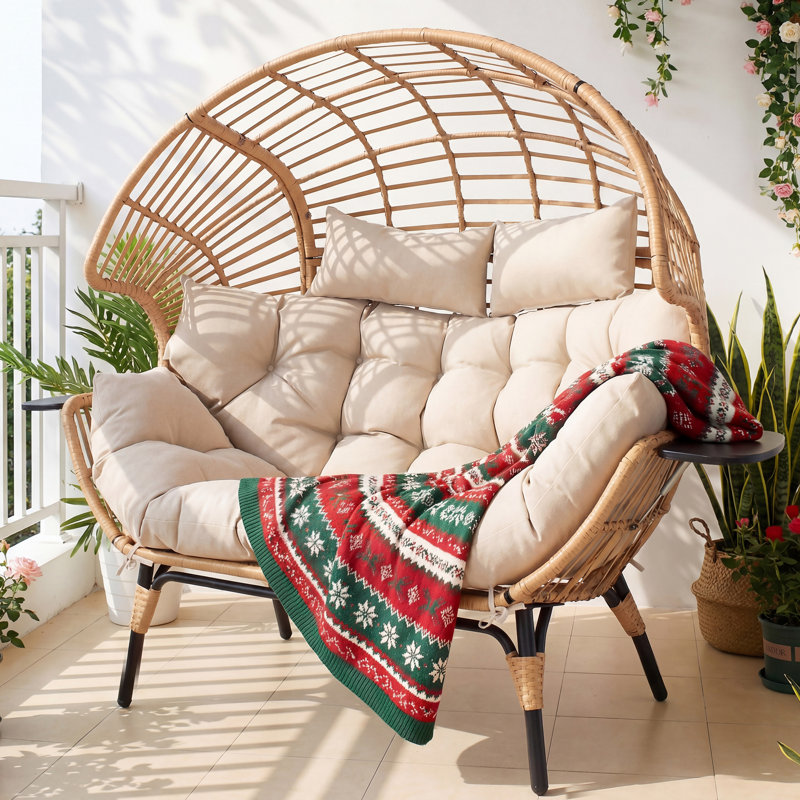 Double Egg Chair Indoor Outdoor Stationary Oversized Thicken Padded Cushions,2 Person Egg Loveseat Chair With Cup Holder& Rain Cover 700lbs,Beige