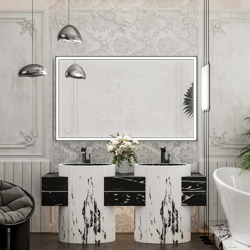 Miroir de salle de bain avant à DEL antibuée avec cadre en métal biseauté, 36 po x 60 po, Noir mat, Rectangulaire