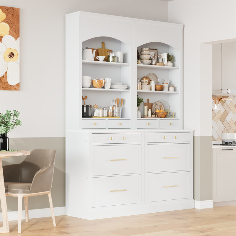 [Assembly Video Provided] TOPMAX Modern 83.7Inch High Kitchen Pantry, Freestanding Tall Kitchen Hutch With Faux Marble Top,Cupboard Cabinet With 5 Storage Drawers And Adjustable Shelf, Set Of 2, White