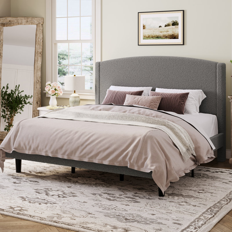 Lit plateforme tapissier Chic Teddy, Gris, Très grand lit