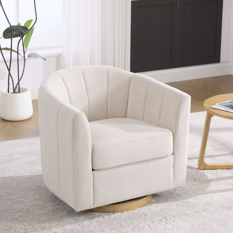 Fauteuil demi-tonneau pivotant rembourré en chenille avec base en bois massif, Beige