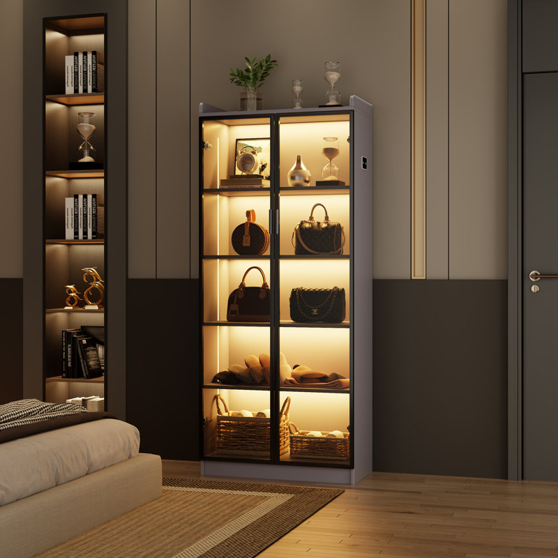 5-Tier Display Cabinet with 3 Color Led Lights and Human Sensor Function, Grey