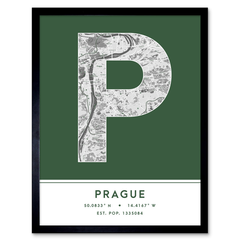Prague Czechia City Map Green - Single Picture Frame Typography