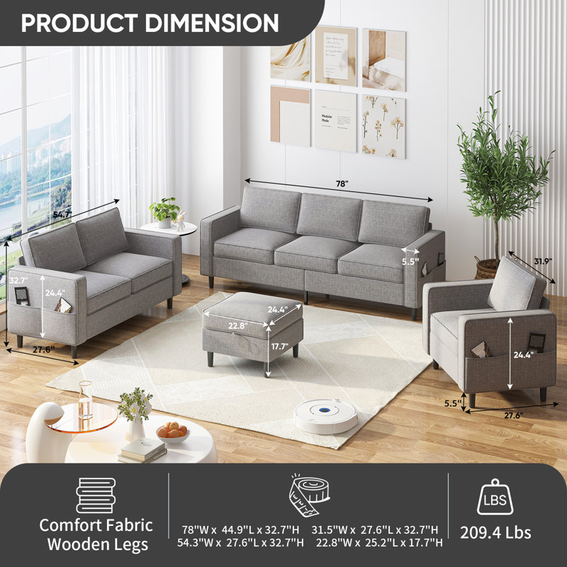 Modern Sofa, Loveseat And Single Seat Set - Durable 4-piece Living Room Furniture, Sturdy L-shaped Sectional Couch With Storage Ottoman, Space-saving Design For Apartments