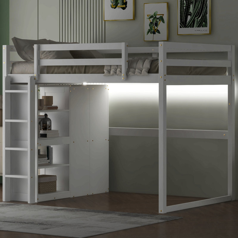Lit mezzanine double en bois avec garde-robe intégrée et tablettes de rangement, lumière DEL, Blanc