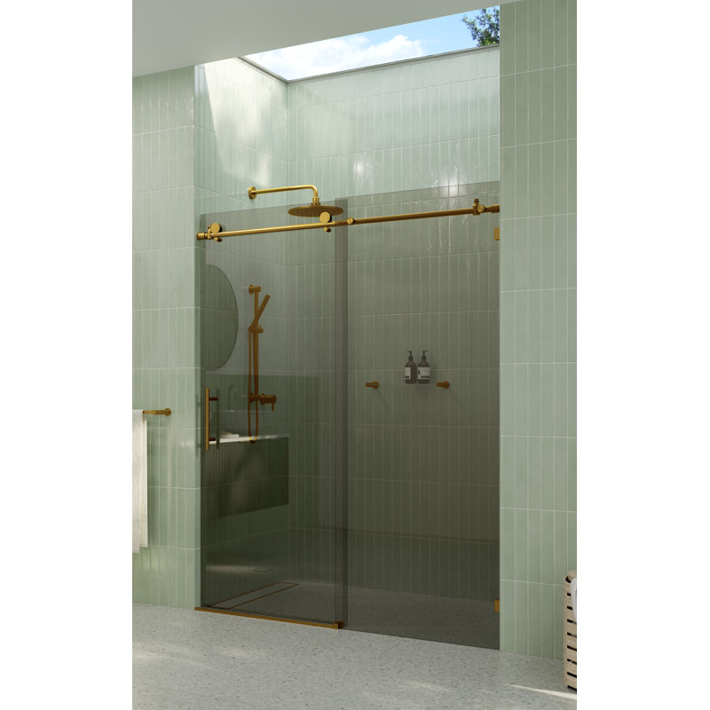 Equinox 56 - 60 in. x 60 in. Fully Frameless Gray Tinted Sliding Bathtub Door, Satin Brass