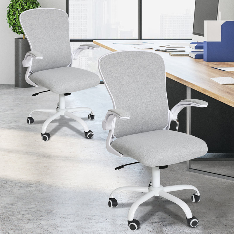 Swivel Office Chair With Lumbar Support, Adjustable Fabric Computer Chair With Flip-Up Armrest, Grey