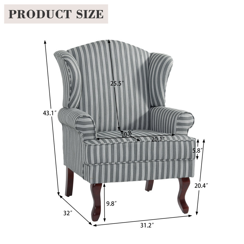 Fauteuil d'appoint à oreilles rembourré en lin gris avec accoudoirs roulés et pieds en bois massif Duward, Lin rayé gris