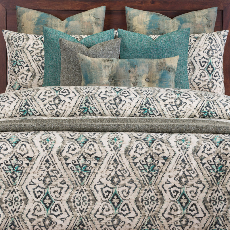 Malta Cotton Blend Abstract Duvet Cover, King Duvet Cover + 2 Toss Pillows, Teal