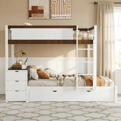 Full-Over-Full Bunk Bed with Twin size Trundle, Storage and Desk,