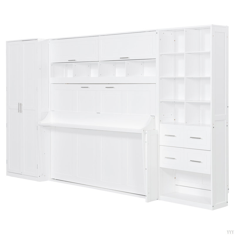 Lit escamotable Murphy avec placard, tiroirs et tablettes, Lit double, Blanc