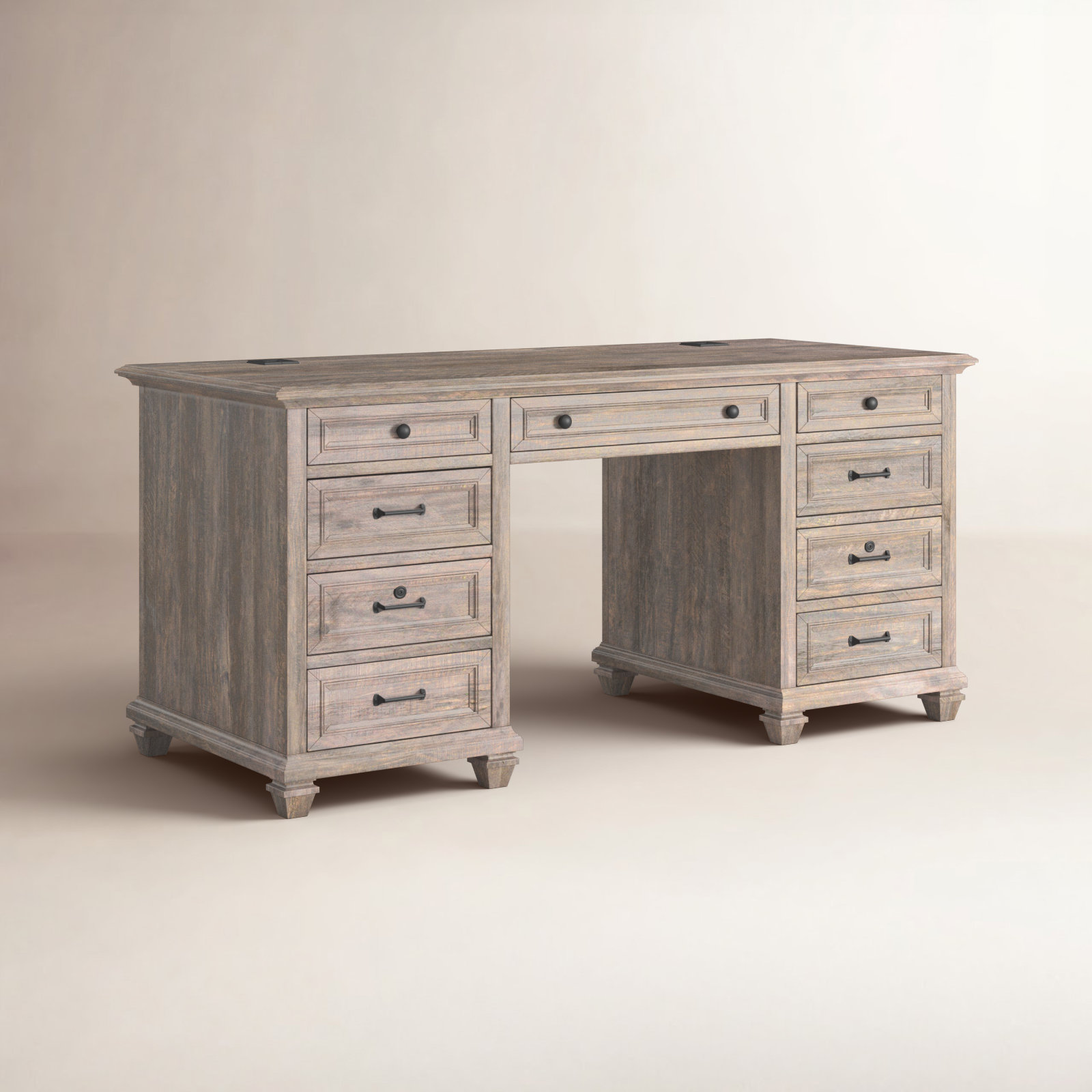 Kerey Solid Wood Base Executive Desk with Power Outlet, Dove Tail Gray