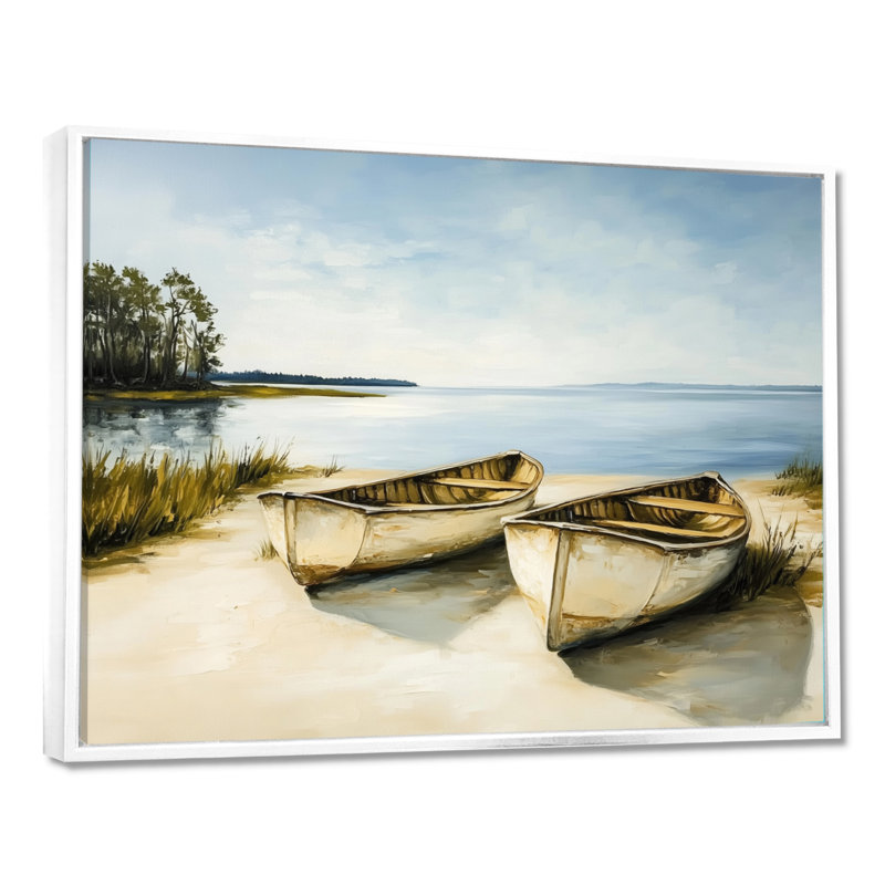 Deux canots au repos - Impression sur toile sur le lac beige, H 34 po x l 44 po, Cadre flottant blanc